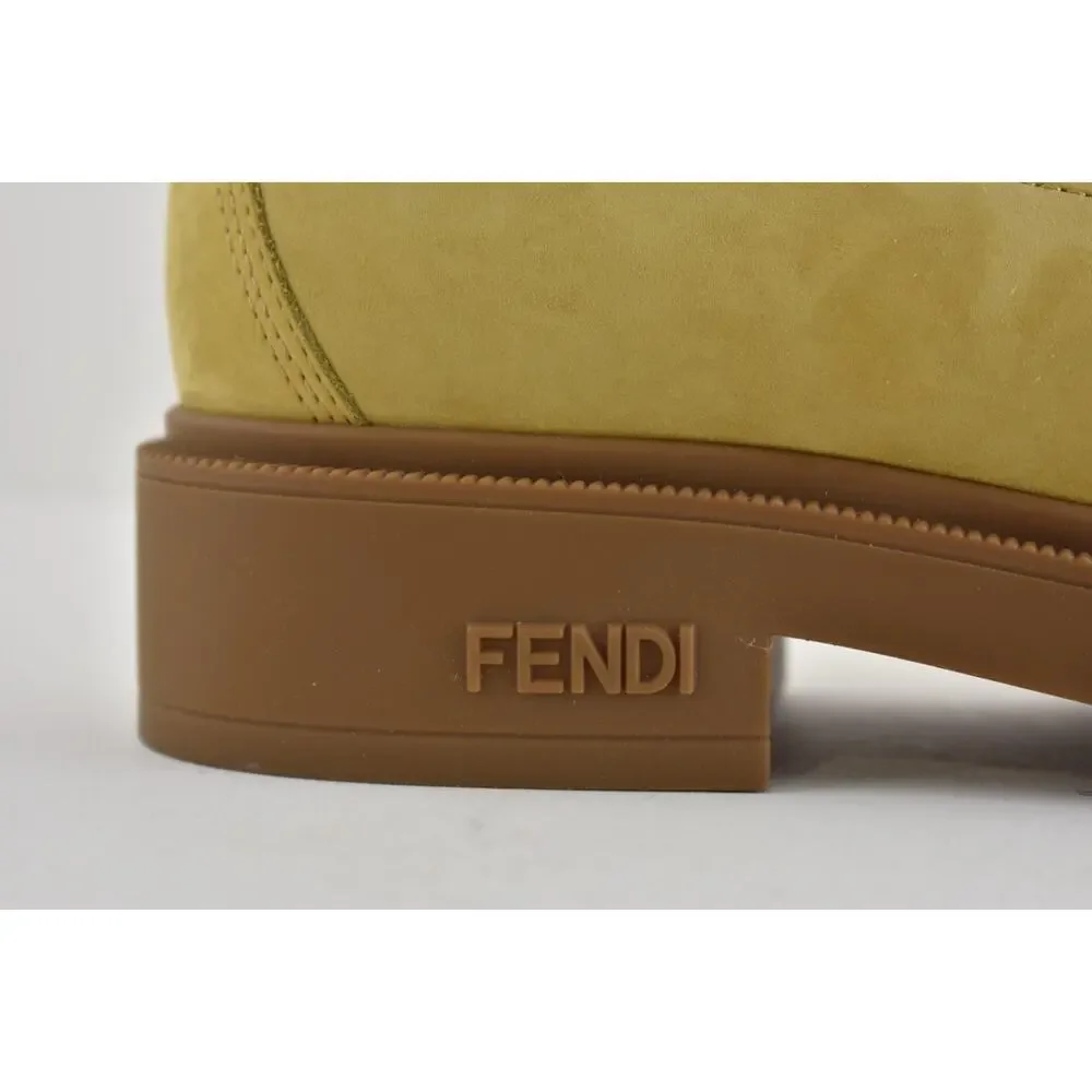Fendi Filo Beige Nubuck FF Embossed Logo Lace Up Tie Logo Combat Biker Boot 38